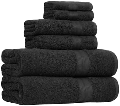 Amazon Basics 6-Piece Highly Absorbent Fade-Resistant Towel Set, 100% Cotton Towels for Bathroom, Soft, 2 Bath Towels, 2 Hand Towels, 2 Washcloths, Black