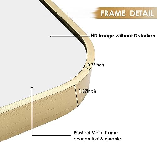 20x28 Inch Gold Bathroom Mirror, Brushed Brass Gold Metal Framed Rectangular Mirror with Rounded Corner, Bathroom Vanity Mirror for Bedroom or Living Room, Horizontal/Vertical