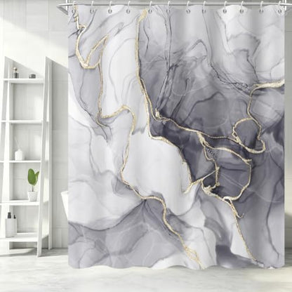 Grey Marble Shower Curtain Modern Abstract Luxury Gold Ink Texture Gray Ombre Watercolor Bathroom Curtain Set with Hooks Soft and Lightweight Waterproof Fabric Machine Washable 48" Wx72 L