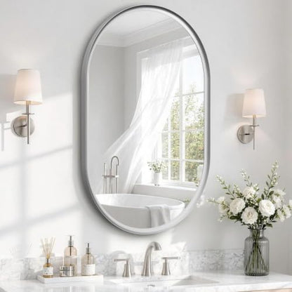 USHOWER Brushed Nickel Pill Oval Mirror for Bathroom 24x36 Inch
