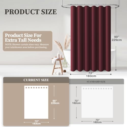 BTTN 72 x 90 Linen Textured Waterproof Fabric Shower Curtain Set, Burgundy
