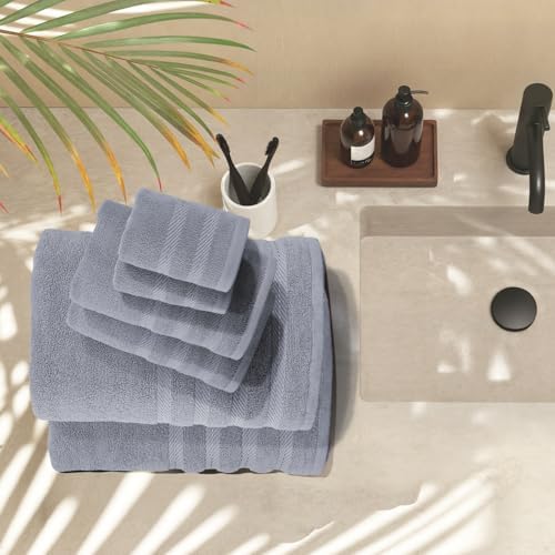 Hearth & Harbor Bath Towels for Bathroom - 100% Ring Spun Cotton Luxury Bathroom Towels - Soft & Highly Absorbent Bath Towels Set, 6 Piece Set, Stone Blue