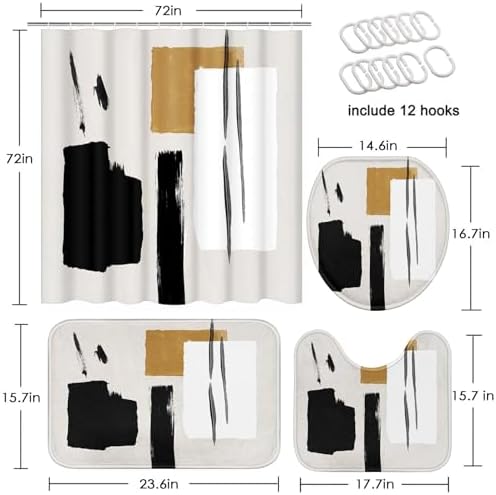 Bathroom Sets with Shower Curtain and Rugs, Boho 4 Pcs, Geometric