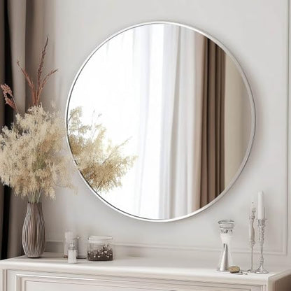 Oruii Large Round Mirror, 28 inch Silver Circle Mirror, Silver Metal Frame