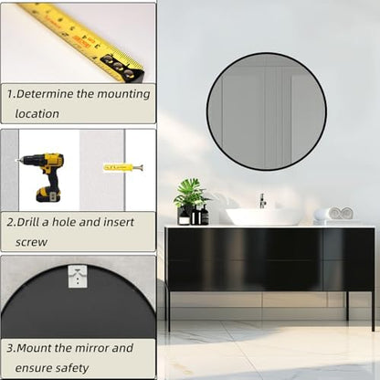 Round Black Mirror 26 Inch, Matte Black Metal Frame, Circle Mirror