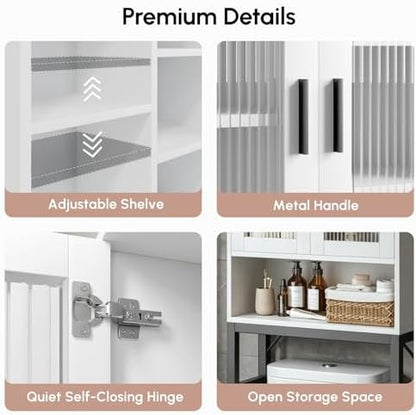 USHOWER White Over The Toilet Storage Cabinet with Glass Doors