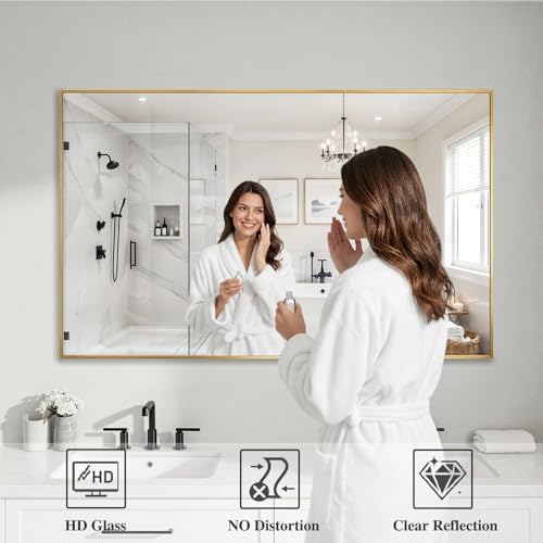 Koonmi Gold Mirrors for Wall, 30x48 Inch Bathroom Mirror, Rectangular Wall Mirror for Living Room Bedroom Bathroom, Hangs Horizontally or Vertically