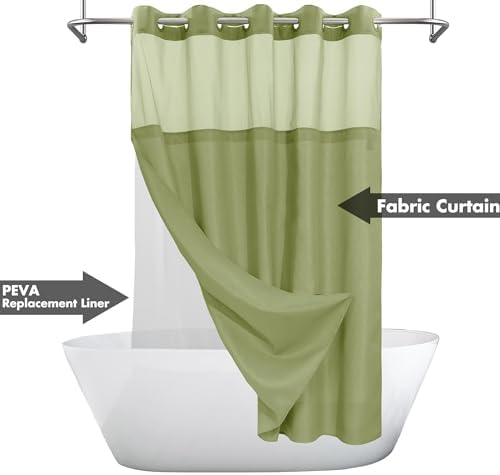 River Dream No Hook Shower Curtain with Snap-in Liner Set, Sage, 71x74