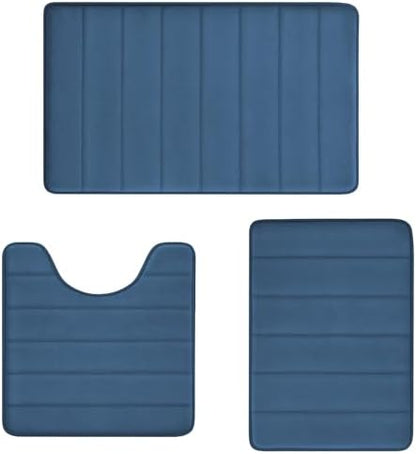 Memory Foam Bath Rug Set 3 Piece Non-Slip Mats,Absorbent Shaggy Super Soft U-Shaped Toilet Rug,Bathroom Carpets for Tub,Shower,Blue