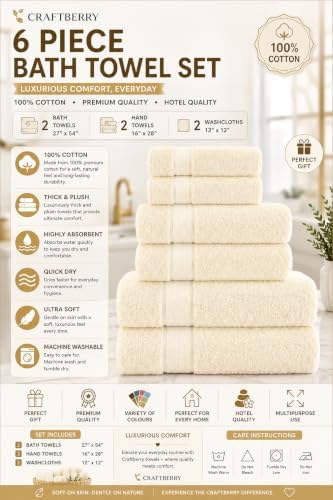 6 Piece Bath Towel Set, 2 Bath, 2 Hand, 2 Washcloths, Cream