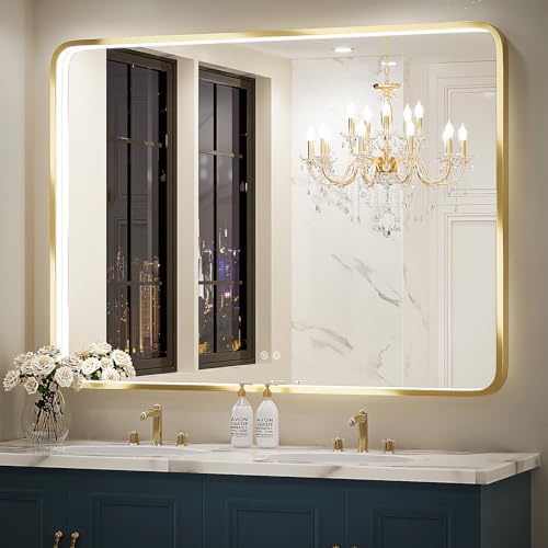 48X36 Inch LED Gold Frame Bathroom Mirror,3 Color