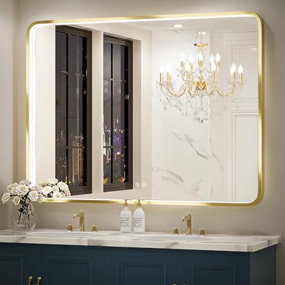 48X36 Inch LED Gold Frame Bathroom Mirror,3 Color