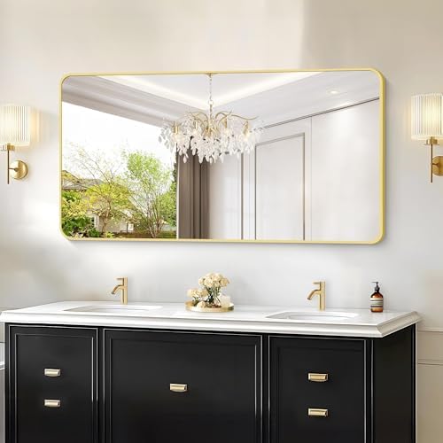 55"x30" Gold Bathroom Mirror, Large Rectangle Mirror, Rectangular Wall Mirror, Rounded Corner Vanity Mirror with Aluminum Metal Frame for Bathroom Bedroom Living Room Horizontal/Vertical