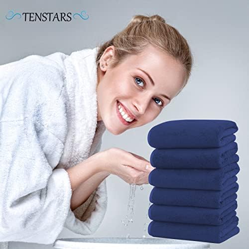 TENSTARS Silk Hemming Hand Towels for Bathroom - Quick Drying - Ultra Soft Microfiber Absorbent Towel for Bath Fitness, Gym, Shower, Hotel, and Spa - 16x28 Inch | Set of 6, Navy Blue