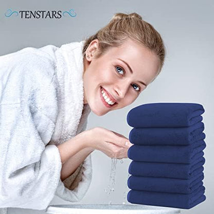TENSTARS Silk Hemming Hand Towels for Bathroom - Quick Drying - Ultra Soft Microfiber Absorbent Towel for Bath Fitness, Gym, Shower, Hotel, and Spa - 16x28 Inch | Set of 6, Navy Blue