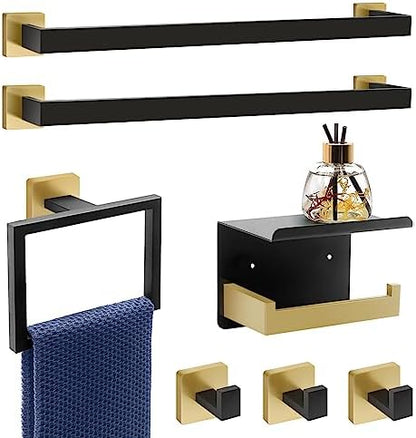 Dorudon Atrox 7-Piece Bathroom Set - Black & Gold Accessories Set - Square Towel Bar 2x23'', Hand Towel Rack, Toilet Paper Holder, 3x Towel Hook, Bathroom Hardware