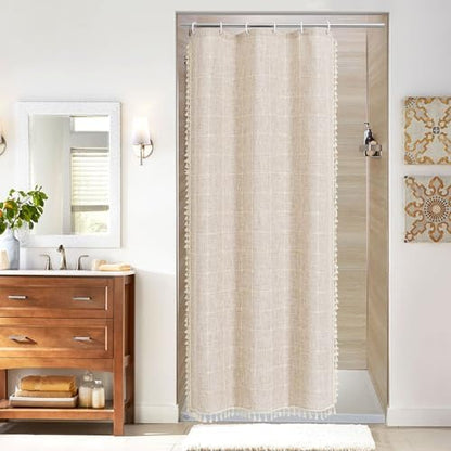 Boho Farmhouse Classic Plaid Linen Tassel Shower Curtain Grey,36x72