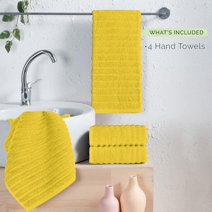 Elegant Comfort Luxury 100% Turkish Cotton Corduroy Ribbed 4 Pack Hand Towel Set 16 x 28 Inch - Absorbent, Super Soft, Quick Dry, Premium Towels for Bathroom, Gym, Spa and Hotel Use, Yellow