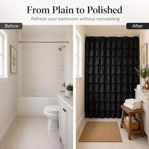 Black Ruffle Shower Curtain for Bathroom, 72x72, Cascading Layered Ruffles