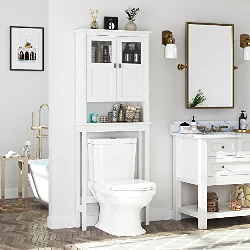 Spirich Bathroom Over the Toilet Storage Cabinet with Glass Doors, White