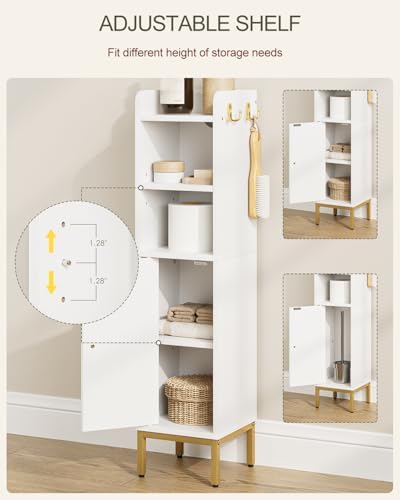 Bathroom Storage Cabinet, Small Corner Floor Hutch with Door and Adjustable Shelves, Narrow Toilet Paper Cabinet with Two Hooks, Bathroom Organizer for Small Spaces