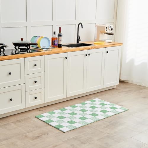 CozeCube Sage Green Checkered Bath Runner 59"x24" Non Slip Washable Rug