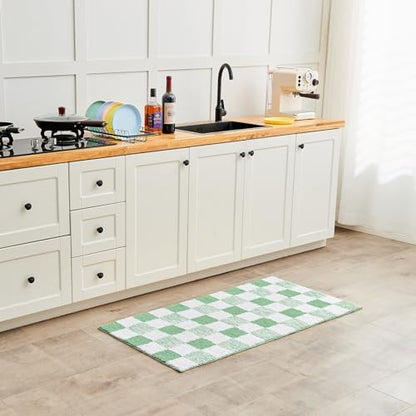 CozeCube Sage Green Checkered Bath Mat 36"x24" Non Slip Washable Rug