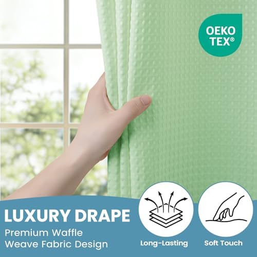 SORTTO No Hook Waffle Shower Curtain with Snap in Liner Set, 71x74, Green