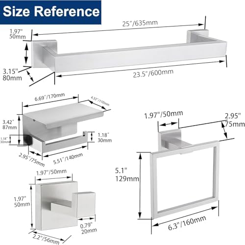 5 Pieces Bathroom Hardware Accessories Set Brushed Nickel, 24Inch Square Towel Racks Set for Bathroom, SUS304 Stainless Steel Towel Bar Set,Toilet Paper Holder with Shelf Wall Mounted