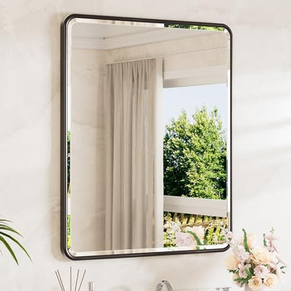 TETOTE Black Mirrors for Wall 30 x 36 Beveled Edge Tempered Glass, Rounded Corner Rectangle Framed Mirror for Modern Bathroom, Living Room, Bedroom, Entryway