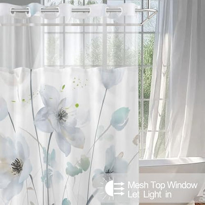 No Hook Shower Curtain and Liner Set, Light Blue Boho Floral 71x77