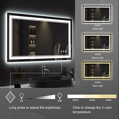 Lighted Vanity Mirror, 40x24 Inch Gradient Front and Backlight LED Vanity Mirror, 3 Colors Dimmable CRI>90 Double Lights, IP54 Enhanced Anti-Fog, Hanging Plates Wall Mount Bathroom Mirror