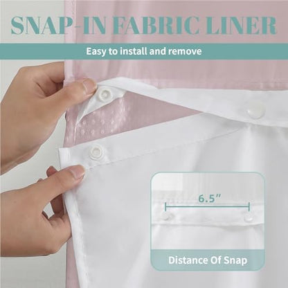 No Hook Long Waffle Shower Curtain, Snap-In Liner, 71x86 in, Blush Pink