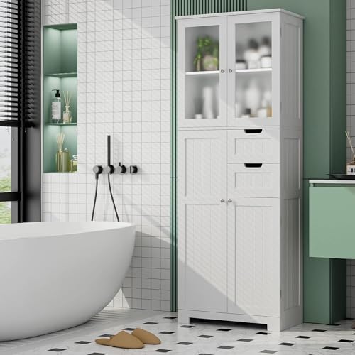 BOTLOG 67'' Tall Bathroom Storage Cabinet, Linen Cabinet with Glass Doors and Adjustable Shelves, Kitchen Pantry with 2 Drawers for Bathroom, Living Room, Dining Room, White