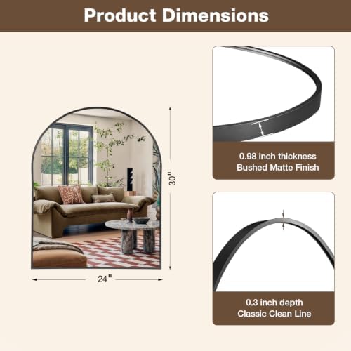 24"x30" Matte Black Arched Vanity Bathroom Mirror, Set of 2