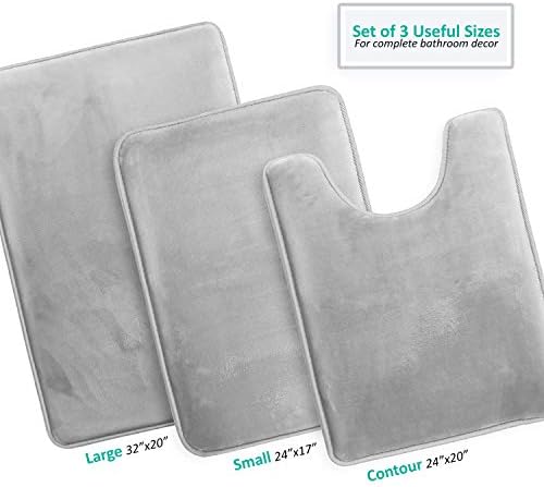 Clara Clark 3 Piece Bathroom Rugs Bath Mat Set, Velvet Memory Foam Bath Mats for Bathroom - Non-Slip, PVC Backing Bath Rugs, Washable - Dries Quickly, Silver