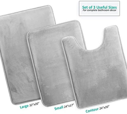 Clara Clark 3 Piece Bathroom Rugs Bath Mat Set, Velvet Memory Foam Bath Mats for Bathroom - Non-Slip, PVC Backing Bath Rugs, Washable - Dries Quickly, Silver