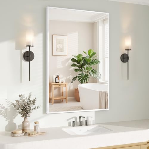 Koonmi White Rectangle Wall Mirror, 24x36 Inch Bathroom Mirror, Aluminum Frame Vanity Mirror for Entryway, Living Room, Bedroom Bathroom, Hangs Horizontally or Vertically