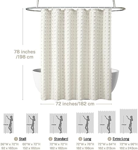 Extra Long Boho Farmhouse Cream Shower Curtain Woven Fabric Ivory Shower Curtain, 72 x 78 Tufted Pleat Floral Puffs Textured Modern Farmhouse Minimalist Shower Curtain Set with Hooks for Bathroom