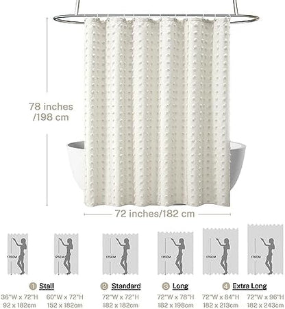 Extra Long Boho Farmhouse Cream Shower Curtain Woven Fabric Ivory Shower Curtain, 72 x 78 Tufted Pleat Floral Puffs Textured Modern Farmhouse Minimalist Shower Curtain Set with Hooks for Bathroom