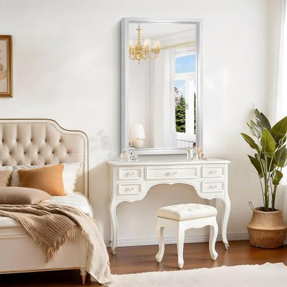 24 x 40 inch Brushed Silver Bathroom Mirror, Metal Framed Rectangle Mirror, 0.6" Thickened Deep Frame Mirrors for Living Room Bedroom Entryway, Tempered Glass, Antirust, Horizontal or Vertical