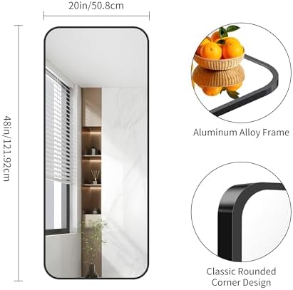 FORBATH Bathroom Mirror 20" x 48", Rectangle Black Bathroom Mirror with Black Aluminum Frame Rounded Corner, Wall Mounted Mirror for Bedroom Entryway Living Room