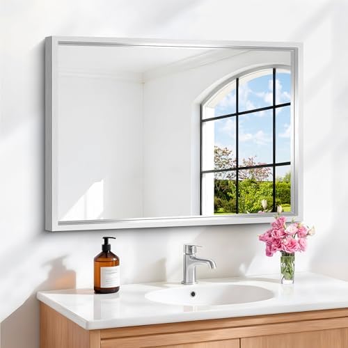18 x 24 inch Brushed Silver Bathroom Mirror, Metal Framed Rectangle Mirror, 0.6" Thickened Deep Frame Mirrors for Living Room Bedroom Entryway, Tempered Glass, Antirust, Horizontal or Vertical