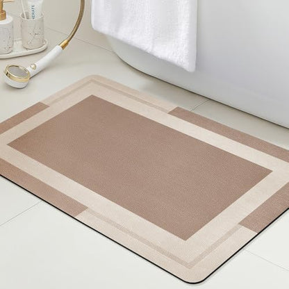 ACCUMTEK Non Slip Bath Mat, Thin Bathroom Rugs Fit Under Door, Quick Dry Bath Mats, Machine Washable Bath Rugs for Bathroom, Bathtub & Kitchen, Bathtub, Light Brown/Bordered/36 x24