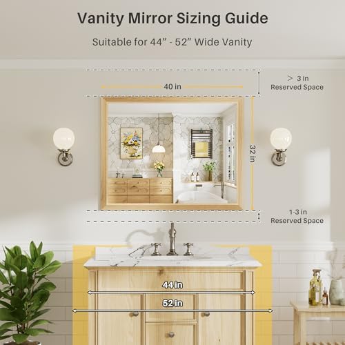 40x32 Inch Bathroom Mirror for Wall, Anti-Rust Oak Wood Grain Metal Framed Bathroom Mirrors for Over Sink,Rectangler Mirrors for Bathroom Vanity, Farmhouse, Bedroom, Living Room, Entryway Decor