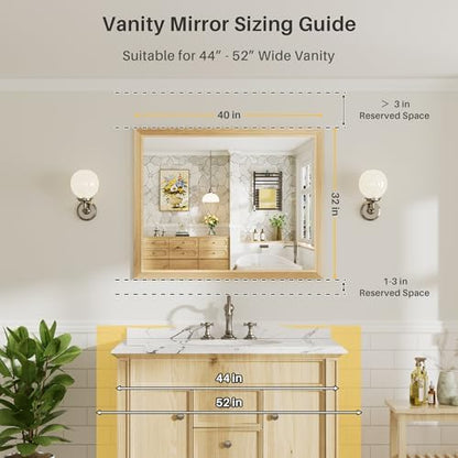 40x32 Inch Bathroom Mirror for Wall, Anti-Rust Oak Wood Grain Metal Framed Bathroom Mirrors for Over Sink,Rectangler Mirrors for Bathroom Vanity, Farmhouse, Bedroom, Living Room, Entryway Decor
