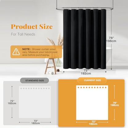 BTTN 72x78 Linen Textured Waterproof Thick Fabric Shower Curtain Set, Black