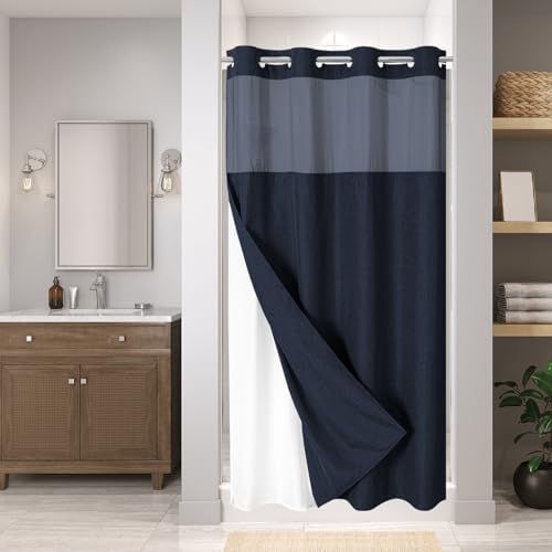 eachope No Hook Fabric Shower Curtain with Snap-in Liner,54x80 Navy Blue
