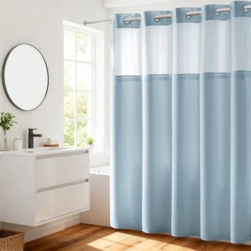 River Dream Heavyweight Waffle No Hook Shower Curtain with Liner,Blue,71x74
