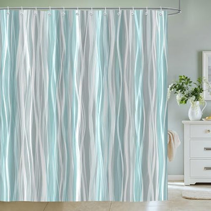 Moonslim Teal Grey Ombre Shower Curtain, Modern Wavy Abstract Striped Line Bathroom Curtain, Waterproof Fabric Bath Decor, 72 x 72 Inch